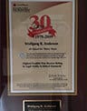 Wall plaque: Lexis Nexis AV rated 30 Year Anniversary 1979 to 2009, Wolfgang R Anderson