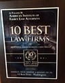 Wall plaque: 10 Best Law Firms, American Institute of Family Law Attorneys, Client Satisfaction 2017 to 2018